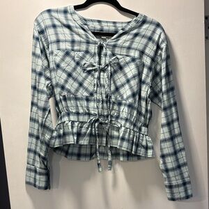 NWOT LOFT Blue Plaid Blouse with Tie Front